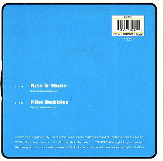 Image of Back Cover of 7" - VG/VG - THE CARDIGANS, Rise & Shine (Trampolene Records; 577 824-7, UK 1995, Picture Sleeve), ,  - 2316055C