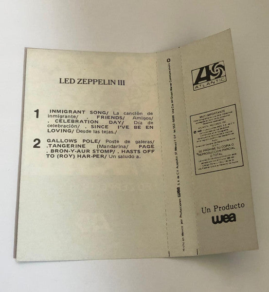 Image of Back Cover of Cassette - G+/G+ - LED ZEPPELIN, Led Zeppelin III (Atlantic; CSWA-5005, Mexico 1981 Reissue), J-card stained, cassette shell age discoloured. Playback is a bit wobbly, collection filler.,  - 2316058C
