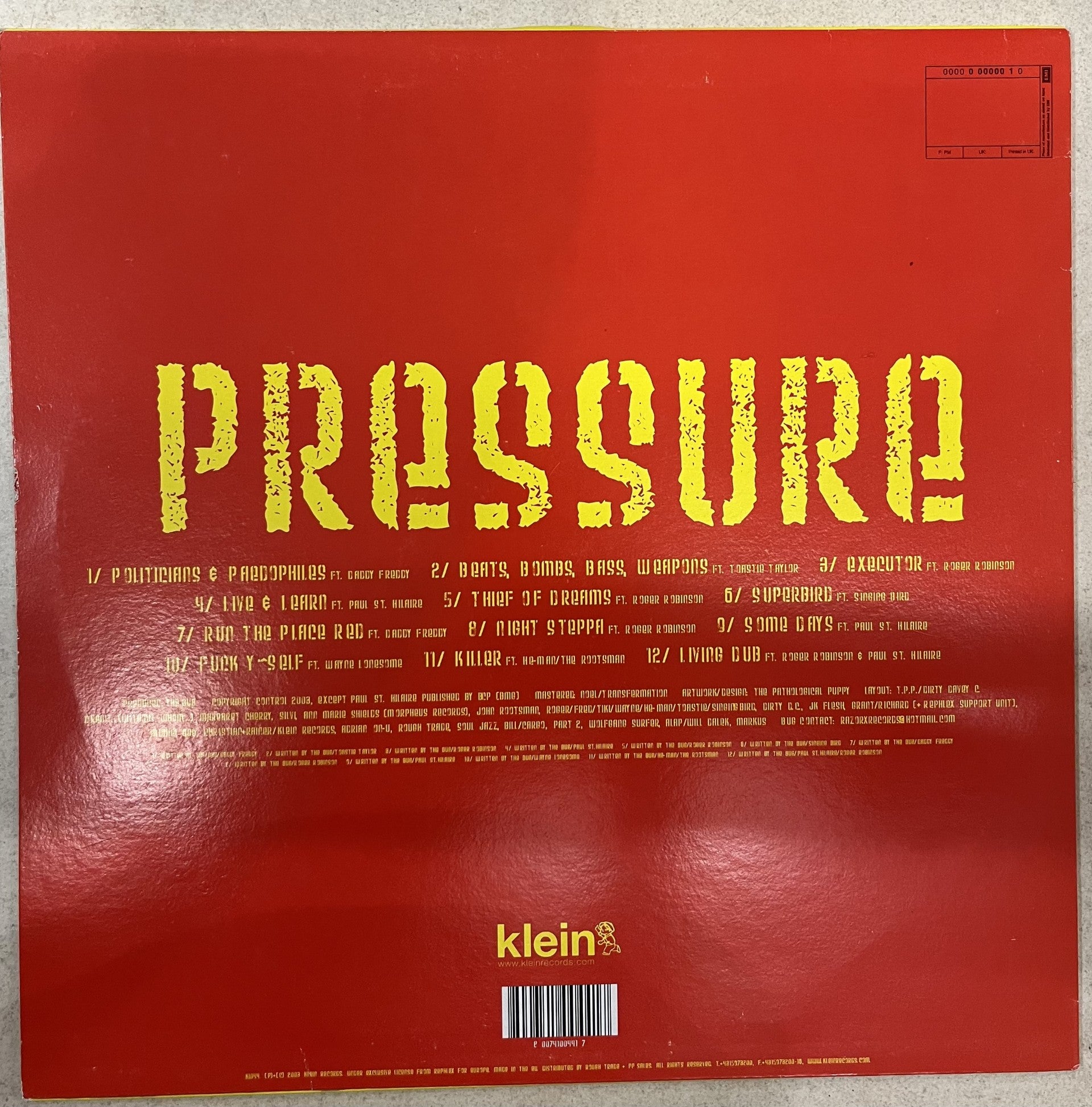 Image of Back Cover of 2xLP - VG/VG - THE BUG, Pressure (Klein Records; KL 044, Europe 2003, Sleeve Variation to Discogs), ,  - 2316183C