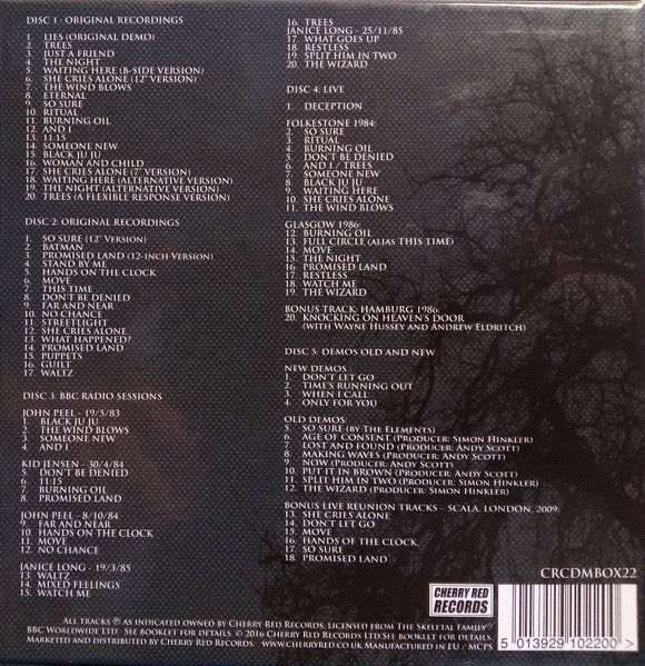 Image of Back Cover of 5xCD - VG+/VG+ - SKELETAL FAMILY, Eternal (Singles   Albums   Rarities   BBC Sessions   Live   Demos 1982-2015) (Cherry Red; CRCDMBOX22, UK 2016, Box Set, Booklet), ,  - 2316196C