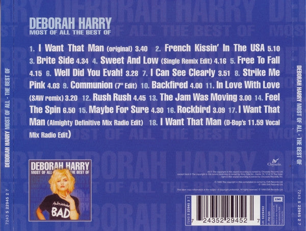 Image of Back Cover of CD - VG+/VG+ - DEBORAH HARRY, Most Of All - The Best Of (EMI; 7243 5 22945 2 7, Europe 1999, Jewel Case, Booklet), ,  - 2316212C