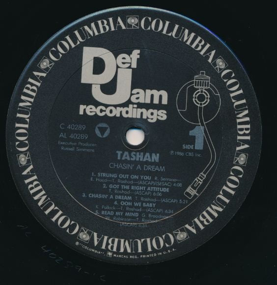 Image of Label Cover of LP - VG+/VG+ - TASHAN, Chasin' A Dream (Def Jam Recordings; BFC 40289, US 1986, Inner), Sleeve still in stickered shrink but hole punched. Disc is clean!,  - 2316292C