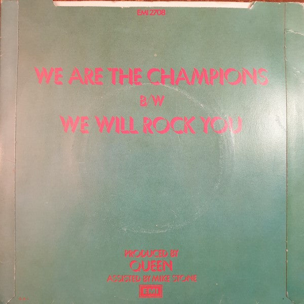 Image of Back Cover of 7" - VG/G+ - QUEEN, We Are The Champions (EMI; EMI 2708, UK 1977, Picture Sleeve, Solid Centre), Edge and ring wear. Hairlines on disc.,  - 2356119S