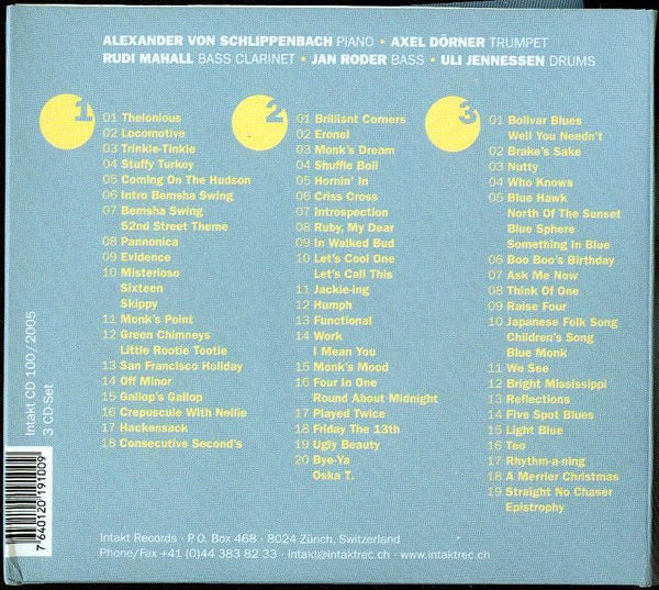 Image of Back Cover of 3xCD - VG+/VG - THELONIOUS MONK, ALEXANDER VON SCHLIPPENBACH, AXEL D RNER, RUDI MAHALL, JAN RODER, ULI JENNESSEN, Monk's Casino (Intakt Records; Intakt CD 100, Switzerland 2005, Quadruple Gatefold, Booklet), ,  - 2336074E