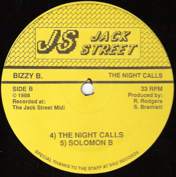 Image of Back Cover of 12" - /VG - BIZZY B., The Night Calls (Jack Street; JSR-003, US 1988), one faint scuff - minor. pen on label - minor,  - 2346139S