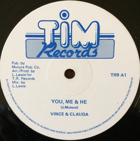 Image of Front Cover of 12" - G+/G+ - VINCENT TAYLOR & CLAUDA / ONE MAN BAND, You, Me & He / Me & He (Tim Records; TR9, UK 1980s, Company Sleeve), Marks and scuffs, bit of crackle. Clean labels. In rare company sleeve.,  - 2346184S