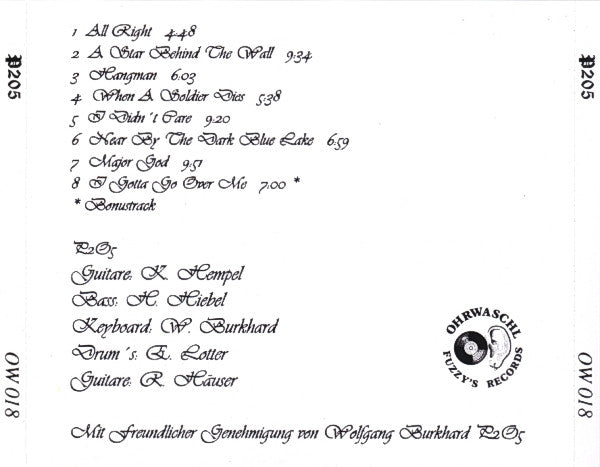 Image of Back Cover of CD - VG+/VG+ - P2O5, P2O5 (Ohrwaschl Records; OW 018, Germany Reissue, Jewel Case, Sony DADC), , P205 (also known as P O ) is a highly sought-after, obscure German progressive and heavy-psych band from Wendelstein, near Nuremberg. Named after the chemical formula for Phosphorus Pentoxide, they are legendary within the Krautrock underground for their dark, organ-driven, and guitar-heavy progressive rock sound. Cosmic! - 2316280C