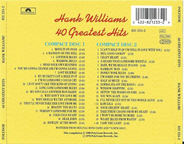 Image of Back Cover of 2xCD - EX/VG+ - HANK WILLIAMS, 40 Greatest Hits (Polydor; 821 233-2, Europe 2000s Reissue, Fatbox Double Case, Booklet), ,  - 2316284C