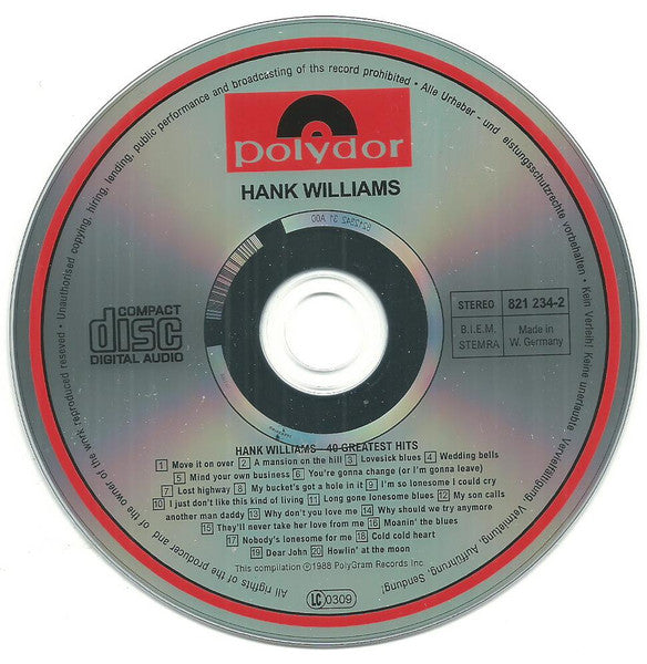Image of Label Cover of 2xCD - EX/M - HANK WILLIAMS, 40 Greatest Hits (Polydor; 821 233-2, Europe 2000s Reissue, Fatbox Double Case, Booklet), SEALED,  - 2316284C
