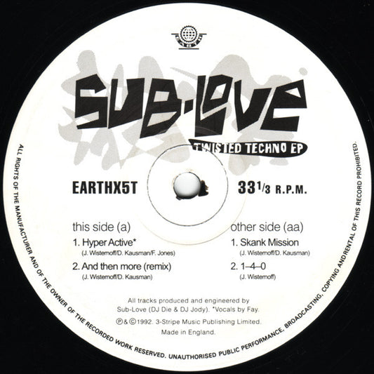 Image of Front Cover of 12" EP - /G+ - SUB-LOVE, Twisted Techno EP (Earth; EARTHX5T, UK 1992), Plays closer to ,  - 2346177S