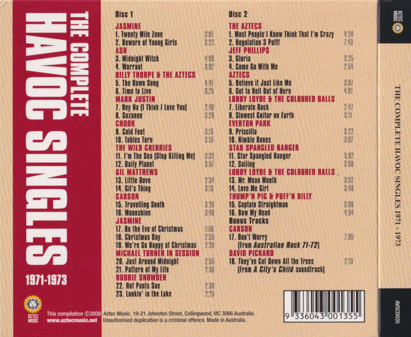Image of Back Cover of 2xCD - VG+/VG+ - VARIOUS, The Complete Havoc Singles 1971-1973 (Aztec Music; AVSCD035, Australia 2008, Double Digipak, Booklet), Hype sticker on sleeve., Melbourne s short-lived Havoc Records label ran from 1971 to 1973 and released landmark releases from some of Australia  s greatest ever bands.  - 2316285C