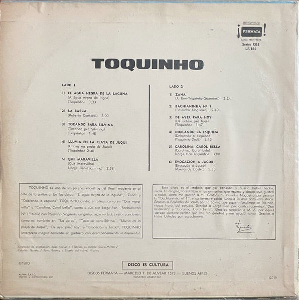 Image of Back Cover of LP - G+/F - TOQUINHO, Toquinho (Producciones Fermata; LF-182, Argentina 1970, Pasteback Sleeve), Loads of light marks to disc - plays with surface noise throughout. Heavy edge wear to sleeve.,  - 2316303C