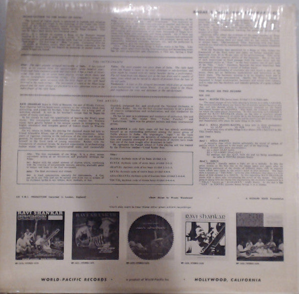 Image of Back Cover of LP - VG/VG - RAVI SHANKAR, ALLA RAKHA, R gas & T las (World Pacific Records; ST-1431, US Reissue, Company Inner), Record lightly fogged. Sleeve discoloured and lightly stained; inner discoloured, creased, ripped and written on ,  - 2316224C
