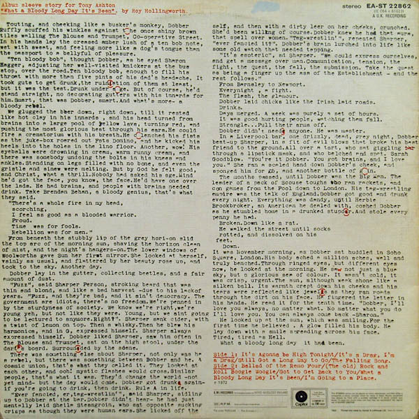 Image of Back Cover of LP - VG+/EX - ASHTON, GARDNER, DYKE & CO., What A Bloody Long Day It's Been (Capitol Records ; EA-ST 22862, UK 1972, Textured Gatefold Sleeve), Company Inner,  - 2326129E