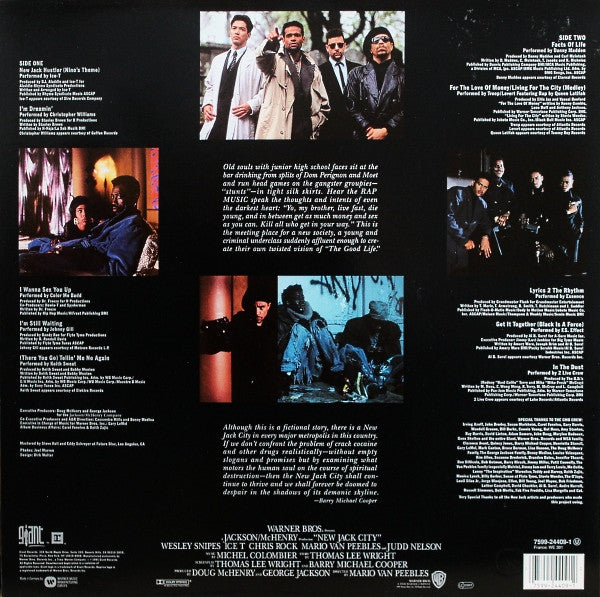 Image of Back Cover of LP - G+/G+ - VARIOUS, New Jack City (Music From The Motion Picture) (Giant Records; 7599-24409-1, Europe 1991), Sleeve has two large corner cuts, wear, staining and scuffs; a large ripped sticker on front (plus damage),  - 2316225C