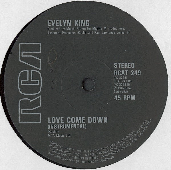 Image of Label Cover of 12" - G+/G+ - EVELYN KING, Love Come Down / Instrumental (RCA; RCAT 249, UK 1982, Titled Die Cut Sleeve), Sleeve worn, creased, with small rips,  - 2316376C