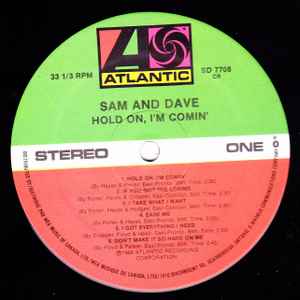 Image of Label Cover of LP - EX/EX - SAM & DAVE, Hold On, I'm Comin' (Atlantic; SD 7708, Canada ), Sleeve in shrinkwrap (opened). Import stickers on back of sleeve.,  - 2326161E