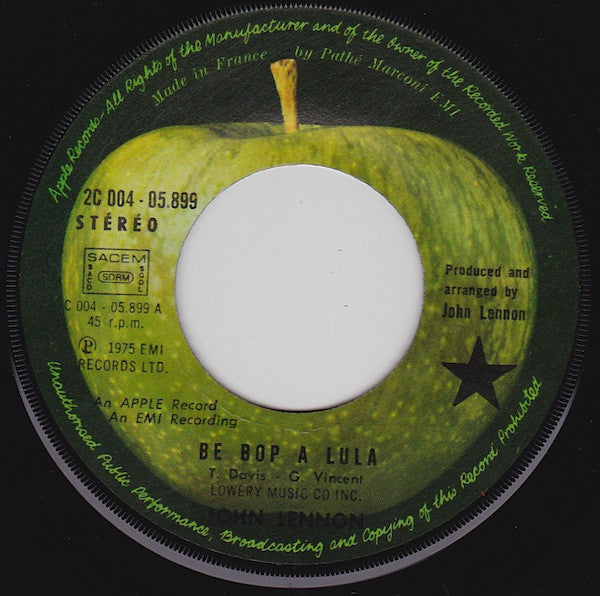 Image of Label Cover of 7" - VG+/EX - JOHN LENNON, Be-Bop-A-Lula / Move Over M S.L (Apple Records ; 2C 004-05899, France 1975, Picture Sleeve), Edge Wear,  - 2326128E