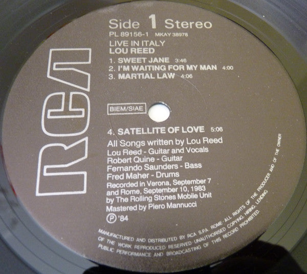 Image of Label Cover of 2xLP - VG/VG+ - LOU REED, Live In Italy (RCA ; PL 89156 (2), Italy 1984, Gatefold), ,  - 2346249S