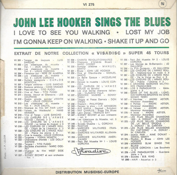 Image of Back Cover of 7" EP - G+/VG - JOHN LEE HOOKER, Sings The Blues (Visadisc ; 275, France 1971, Laminated Flipback Sleeve), Strong VG, Damage To Sleeve Opening, Torn Rear Sleeve,  - 2326124E