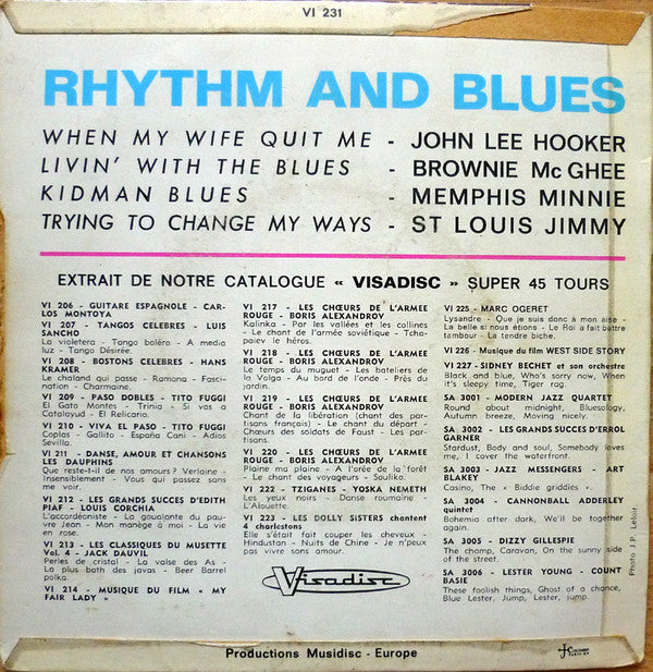 Image of Back Cover of 7" EP - VG/VG+ - VARIOUS ARTISTS, Rhythm And Blues (Visadisc ; VI 231, France 1970, Laminated Flipback Sleeve), Writing On Rear Sleeve,  - 2326123E