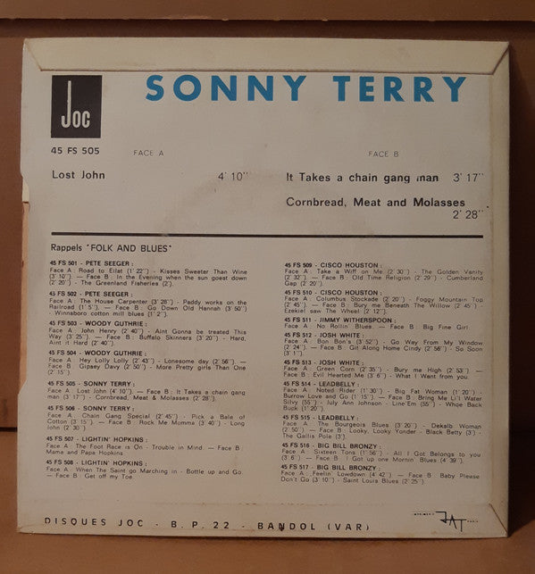Image of Back Cover of 7" EP - VG+/VG+ - SONNY TERRY, Lost John (Joc ; 45 FS 505, France 1969, Laminated Flipback Sleeve), Strong VG+ Throughout,  - 2326122E