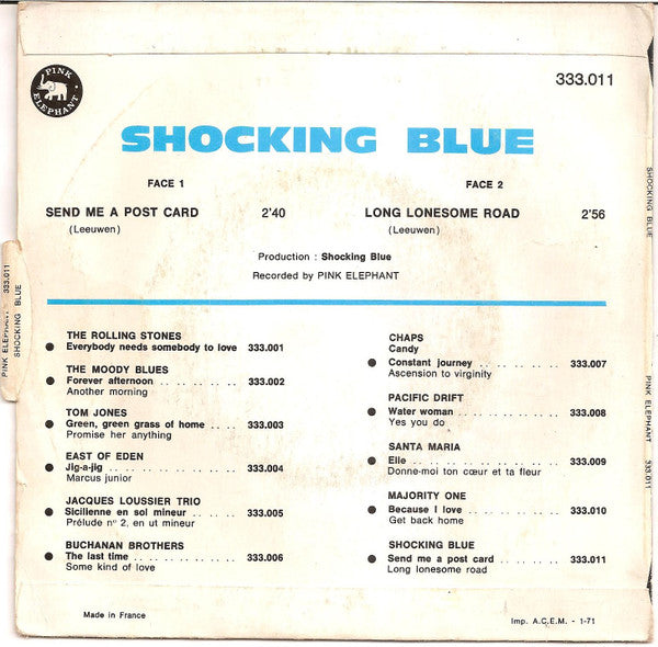 Image of Back Cover of 7" - VG+/VG+ - SHOCKING BLUE, Send Me A Post Card (Pink Elephant ; 333.011, France 1971 Reissue, Picture Sleeve), Strong VG+,  - 2326121E