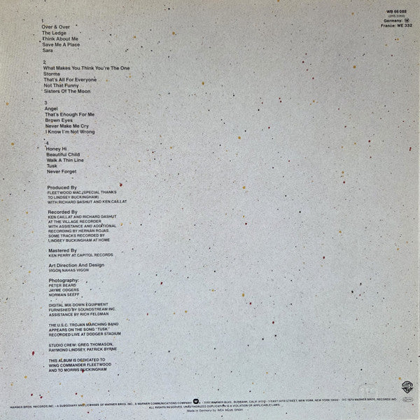 Image of Back Cover of 2xLP - VG/VG - FLEETWOOD MAC, Tusk (Warner Bros. Records; WB 66 088, Europe 1980s Reissue, Embossed Sleeve With Embossed W On Back, 4 Inners With Embossed W, GEMA/BIEM Rights Society), Light hairlines, Glossy discs, Light sleeve wear, Indents from a pen on sleeve,  - 2316328C