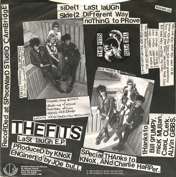 Image of Back Cover of 7" EP - F/VG - THE FITS, The Last Laugh E.P. (Rondelet Music & Records ; ROUND 30, UK 1982, Picture Sleeve), Sleeve Heavily Creased, Totally Split At Bottom , Tears in Sleeve Opening, Writing On Label,  - 2326208E