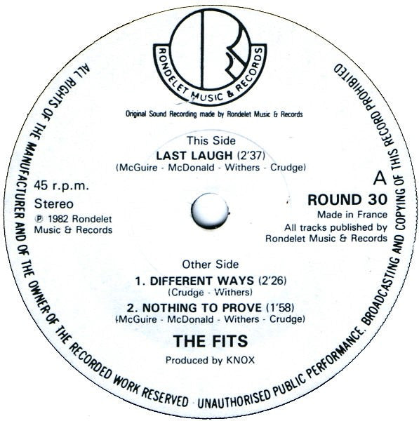 Image of Label Cover of 7" EP - F/VG - THE FITS, The Last Laugh E.P. (Rondelet Music & Records ; ROUND 30, UK 1982, Picture Sleeve), Sleeve Heavily Creased, Totally Split At Bottom , Tears in Sleeve Opening, Writing On Label,  - 2326208E