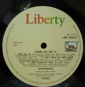 Image of Label Cover of LP - VG/VG - WHITESNAKE, Come An' Get It (Liberty; LBG 30327, UK Reissue, Inner), Seam split on bottom edge and some edge creasing. ,  - 2326213E