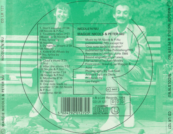 Image of Back Cover of CD - VG+/VG+ - MAGGIE NICOLS & PETER NU, Nichols'N'Nu (Leo Records; CD LR 127, UK 1994, Jewel Case), ,  - 2316319C