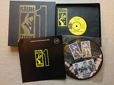 Image of Front Cover of 10x7" - G+/VG - VARIOUS, Stax Box 1 (Stax; STAX BOX 1,  1987, Box Set, Inners & Insert, 1 x Picture Disc, 9 x Black Vinyl, 1 Missing Disc), Missing Isaac Hayes disc! Box worn and creased. Some marks on records; damage to label on a disc. Some inner sleeves creased, A Judy Clay & William Bell   Private NumberB Judy Clay & William Bell   Love-Eye-TisC Johnnie Taylor   Who's Making Love	D Johnnie Taylor   I'm Trying	2E Booker T & The MG's   Time Is Tight	F Booker T & The MG's   Joh