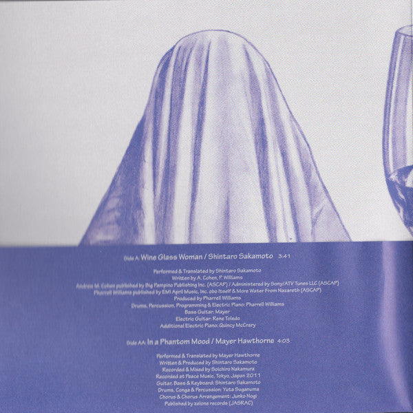 Image of Back Cover of 7" - VG/G - MAYER HAWTHORNE / SHINTARO SAKAMOTO, In A Phantom Mood / Wine Glass Woman (Zelone Records; zel-011, Japan 2014, Picture Sleeve, Insert), Record fogged and has lots of storage marks. Plays well considering though. Stickered outer plastic sleeve,  - 2316381C