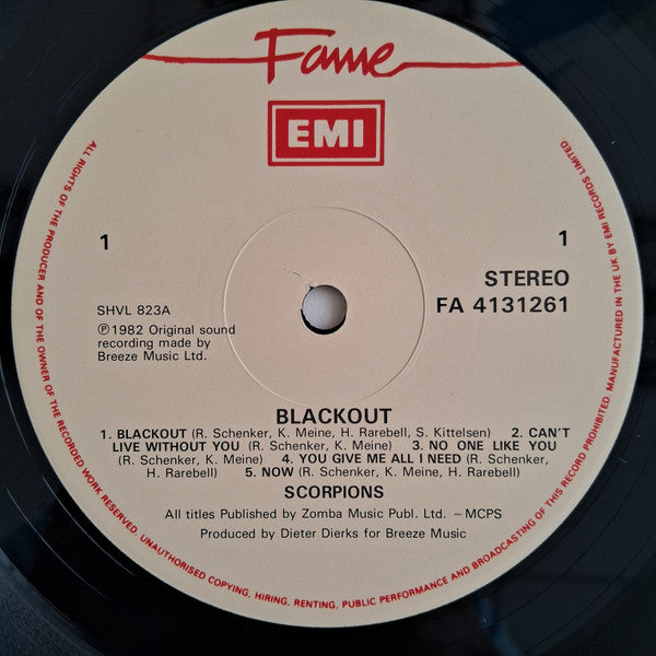 Image of Label Cover of LP - VG/VG - SCORPIONS, Blackout (Fame; FA 41 3126 1, UK ), ,  - 2326245E