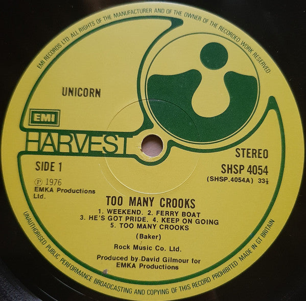 Image of Label Cover of LP - G+/G+ - UNICORN, Too Many Crooks (Harvest Green, EMI On Rim, EMI Box; SHSP 4054, UK 1976, No Inner), No Inner, Replaced with EMI inner, Light hairlines, Plays fine, Edge wear and nick to sleeve opening ,  - 2316346C