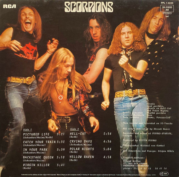 Image of Back Cover of LP - VG/VG - SCORPIONS, Virgin Killer (RCA Victor; PPL 1-4225, Germany 1970s Reissue, Insert, Dark Brown Translucent vinyl), A few light hairlines only - strong VG. Sleeve has edgewear. ,  - 2326246E