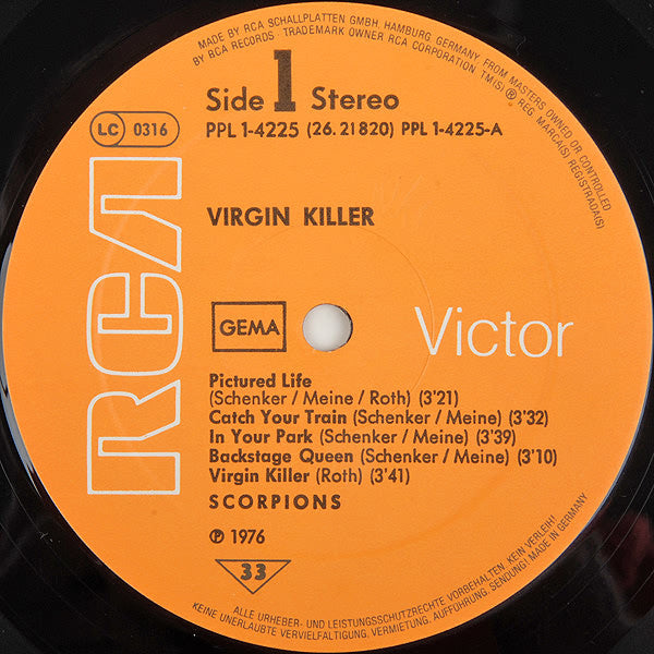 Image of Label Cover of LP - VG/VG - SCORPIONS, Virgin Killer (RCA Victor; PPL 1-4225, Germany 1970s Reissue, Insert, Dark Brown Translucent vinyl), A few light hairlines only - strong VG. Sleeve has edgewear. ,  - 2326246E