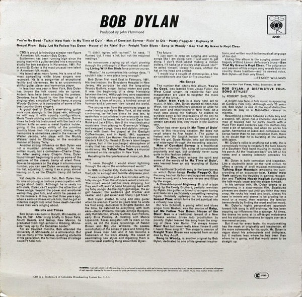 Image of Back Cover of LP - VG/VG - BOB DYLAN, Bob Dylan (CBS Sunburst Labels; 32001, UK 1970s Reissue, 'F' In Runouts), ,  - 2316348C