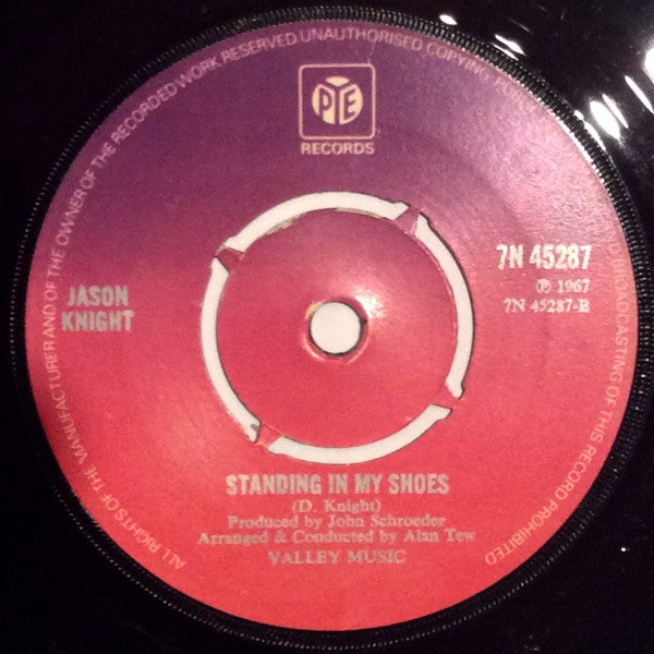 Image of Back Cover of 7" - F/G+ - JASON KNIGHT, Love Is Getting Stronger / Standing In My Shoes (Pye Records; 7N 45287, UK 1973 Reissue, Company Sleeve, 4-Prong Centre), Company sleeve very damaged, ripped and creased,  - 2316453C
