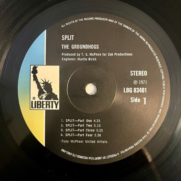 Image of Label Cover of LP - VG/VG - GROUNDHOGS, Split (Liberty Black Labels with Blue & Yellow Strip; LBG 83401, UK 1971, Laminated Gatefold Sleeve, Label Variation: Side A Tracklist Spaced Apart Whilst Side B Is Close Together, No Misprint B1), ,  - 2316462C