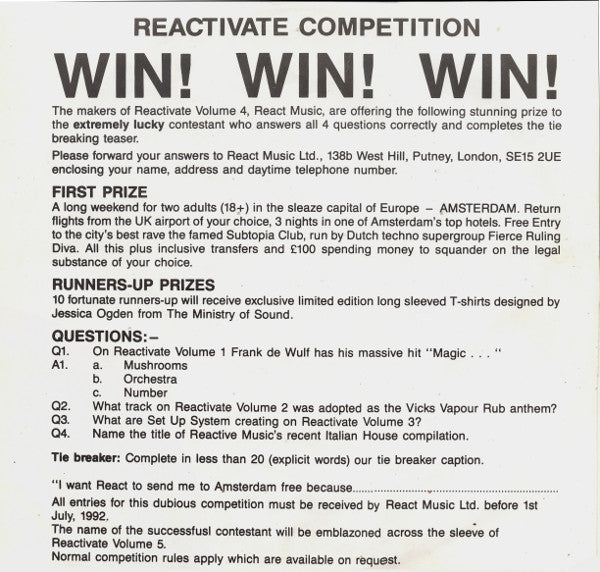 Image of Back Cover of LP - VG+/VG - VARIOUS, Reactivate Vol 4 - Technovation (React; REACT LP6, UK 1992, Picture Sleeve, Inner), ,  - 2326098E