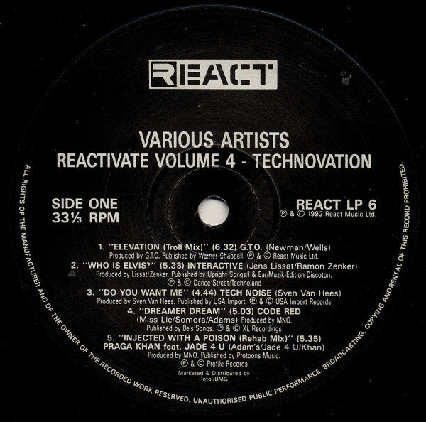 Image of Label Cover of LP - VG+/VG - VARIOUS, Reactivate Vol 4 - Technovation (React; REACT LP6, UK 1992, Picture Sleeve, Inner), ,  - 2326098E