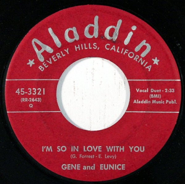 Image of Back Cover of 7" - /G+ - GENE AND EUNICE, Let's Get Together / I'm So In Love With You (Aladdin; 45-3321, US 1956), Record has the slightest warp. More notable marks on side one than side two. Light liquid staining on labels,  - 2316456C