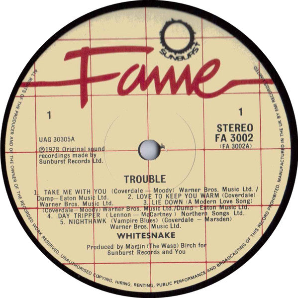 Image of Label Cover of LP - VG/VG+ - WHITESNAKE, Trouble (Fame; FA 3002, UK 1983 Reissue), ,  - 2326257E