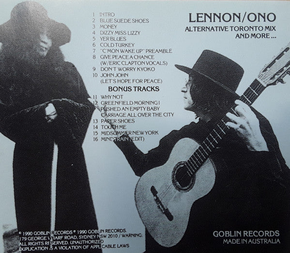 Image of Back Cover of CD - VG+/VG+ - LENNON/ONO, Alternative Toronto Mix and More ... (Goblin Records; CD 3009, Australia 1990, Jewel Case, Promo Ltd Edition), ,  - 2336203E