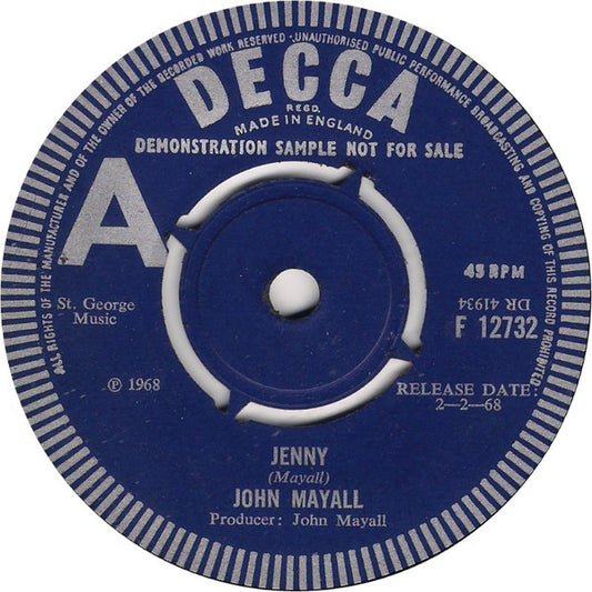 Image of Front Cover of 7" - /VG - JOHN MAYALL, Jenny / Picture On The Wall (Decca; F 12732, UK 1968, Promo), Sticker on Label,  - 2356298S