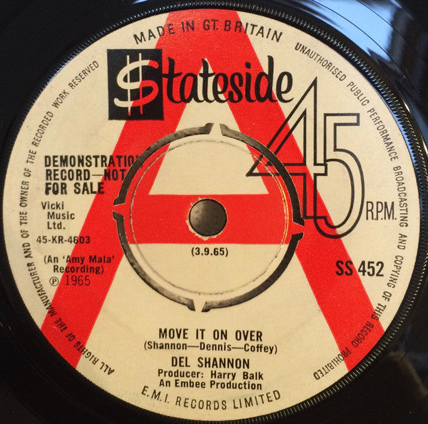 Image of Front Cover of 7" - VG/G+ - DEL SHANNON, Move It On Over / She Still Remembers Tony (Stateside; SS 452, UK 1965, Promo, Company Sleeve), ,  - 2356300S
