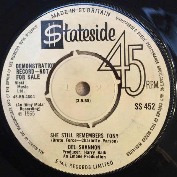 Image of Back Cover of 7" - VG/G+ - DEL SHANNON, Move It On Over / She Still Remembers Tony (Stateside; SS 452, UK 1965, Promo, Company Sleeve), ,  - 2356300S
