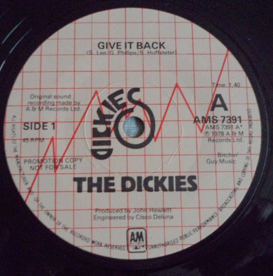 Image of Front Cover of 7" - /G+ - THE DICKIES, Give It Back / You Drive Me Ape (A&M Records; AMS 7391, UK 1978, Promo), ,  - 2356301S